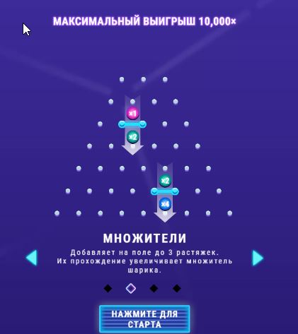 Plinko+ опция Множители: до 3 растяжек на поле, шарик x1 превращается в x2, x2 в x4